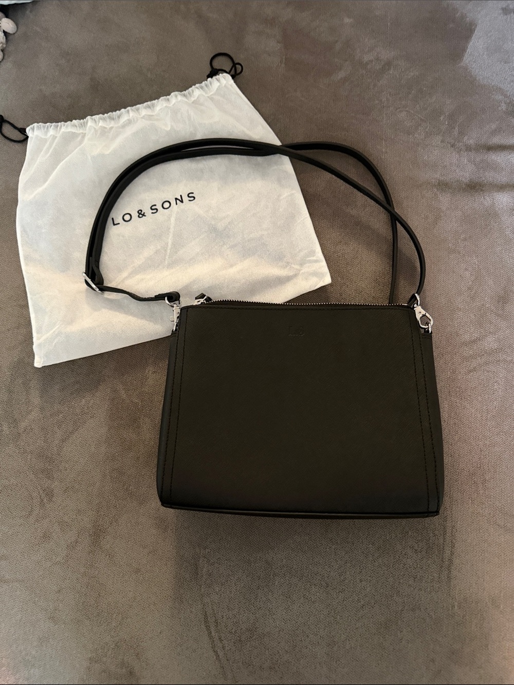 Lo & Sons Pearl Black Saffiano Leather Crossbody with Adjustable Strap